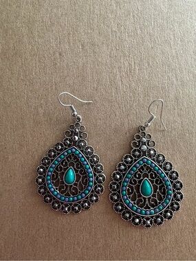 Turquoise Teardrop Filigree Dangle Earrings